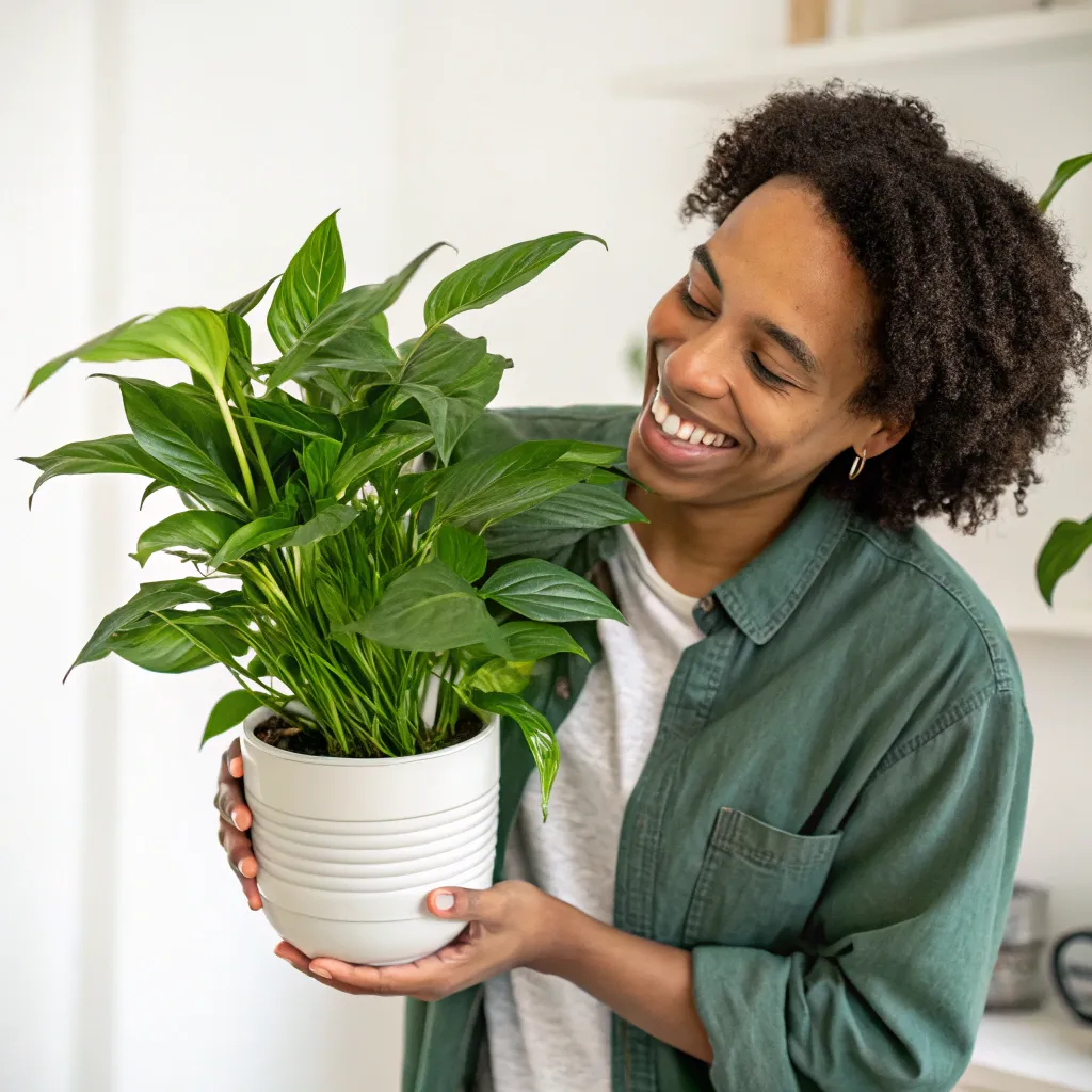 Happy person holding a healthy houseplant